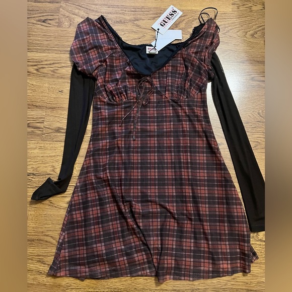 Guess vtg nwt check mesh mini dress mesh sleeve 90s school plaid sheer L - Picture 5 of 16